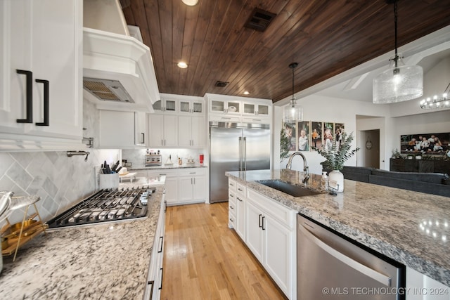 kitchen with white cabinetry, sink, wooden ceiling, hanging light fixtures, and appliances with stainless steel finishes