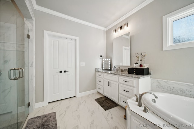 bathroom featuring vanity, ornamental molding, and plus walk in shower