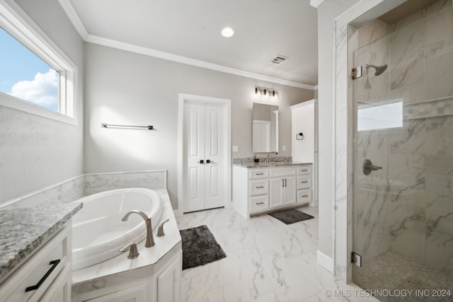 bathroom featuring vanity, crown molding, and plus walk in shower