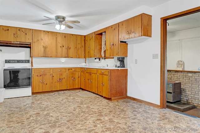 kitchen with ceiling fan, electric stove, backsplash, and range hood