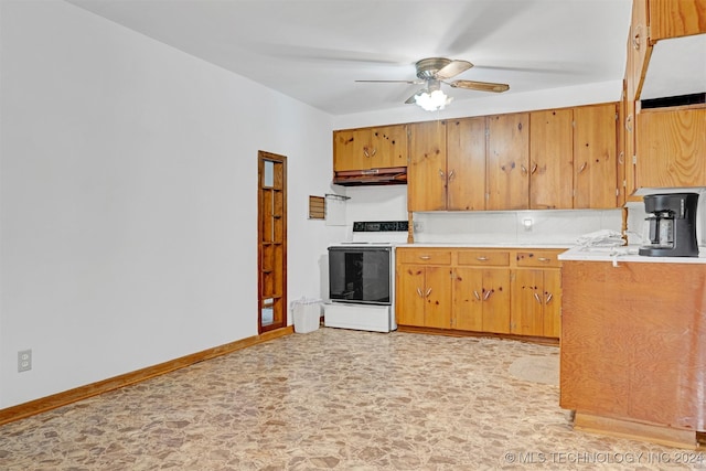 kitchen with ceiling fan, white electric range oven, and ventilation hood