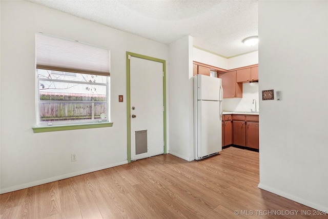 kitchen with white fridge, sink, light hardwood / wood-style floors, and a textured ceiling