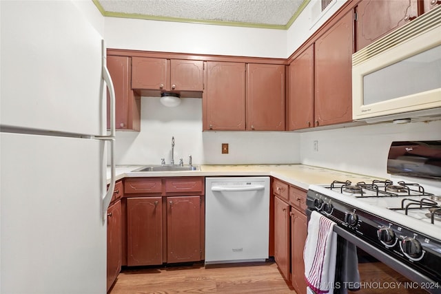 kitchen with a textured ceiling, white appliances, light hardwood / wood-style flooring, and sink