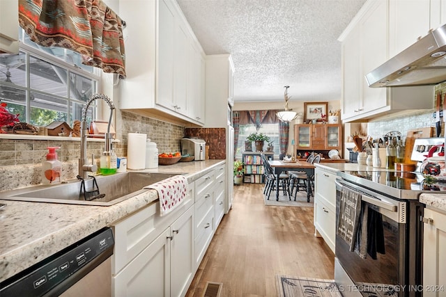 kitchen featuring white cabinets, sink, stainless steel appliances, and extractor fan