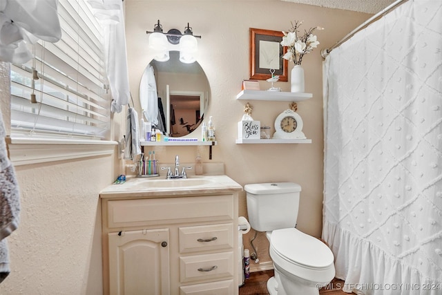 bathroom with vanity, toilet, and walk in shower