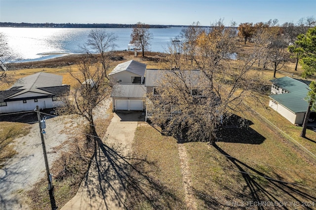 drone / aerial view featuring a water view