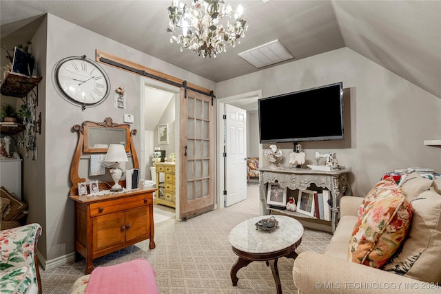 living room featuring a barn door, an inviting chandelier, light carpet, and vaulted ceiling