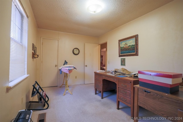 office area featuring a textured ceiling and light carpet