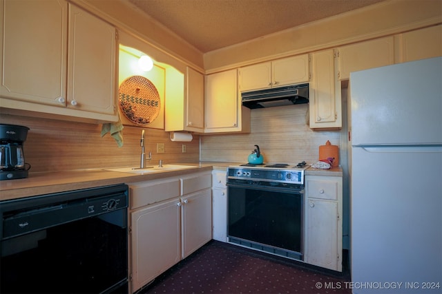 kitchen with backsplash, sink, white refrigerator, dishwasher, and range with electric stovetop