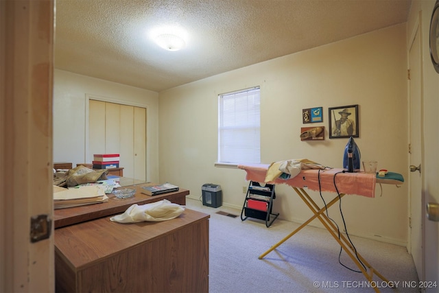 carpeted office space with a textured ceiling