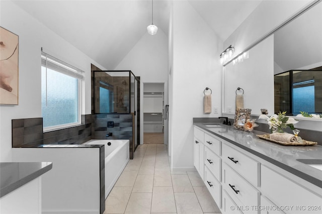 bathroom with separate shower and tub, tile patterned flooring, vanity, and high vaulted ceiling