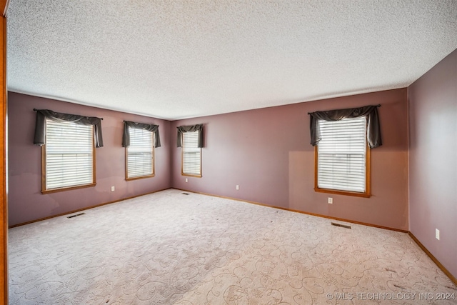 spare room with light carpet and a textured ceiling