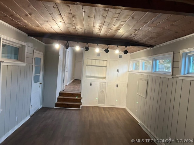 spare room featuring wooden walls, dark hardwood / wood-style floors, crown molding, and wooden ceiling