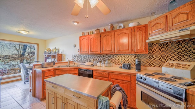 kitchen with backsplash, a textured ceiling, sink, black dishwasher, and white range with electric cooktop