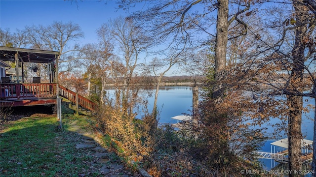 view of dock with a water view