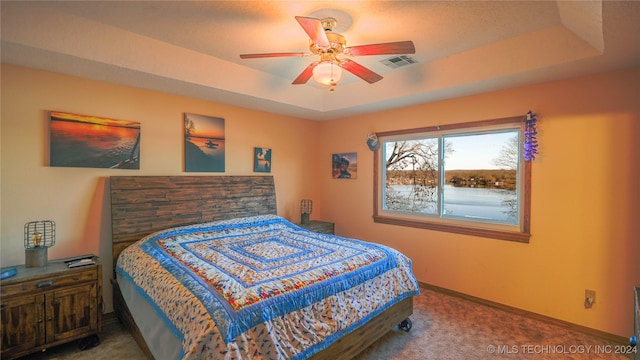 bedroom with carpet floors, a raised ceiling, and ceiling fan