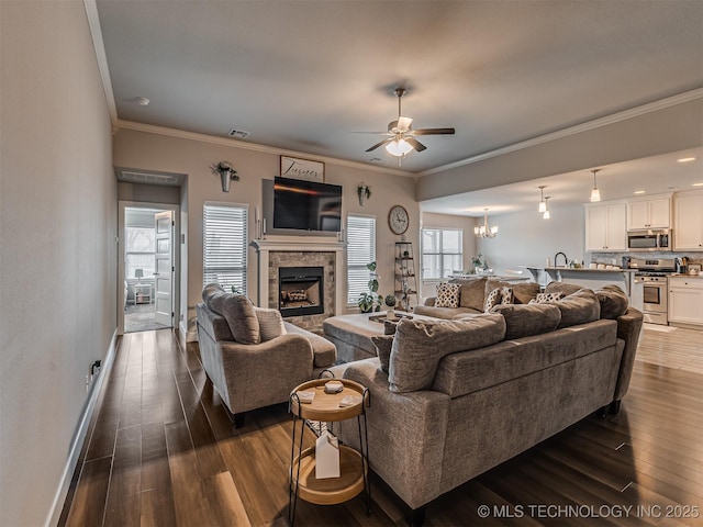 living room with ceiling fan with notable chandelier, dark wood-type flooring, and ornamental molding