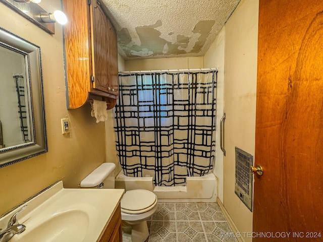 full bathroom featuring tile patterned floors, heating unit, a textured ceiling, toilet, and vanity