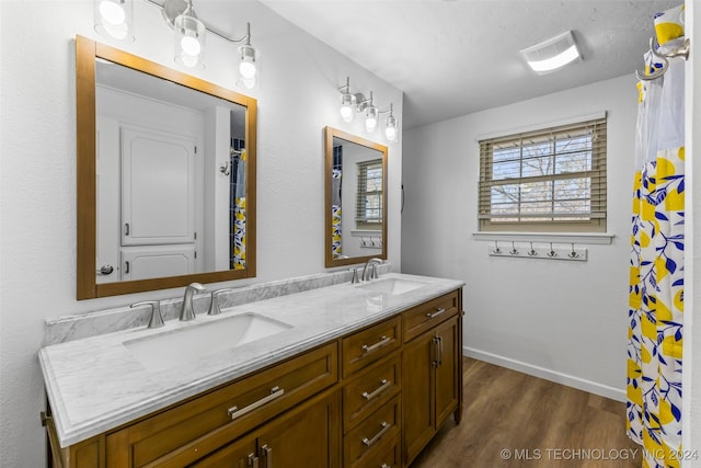 bathroom with hardwood / wood-style floors and vanity