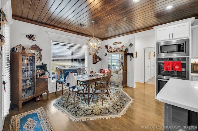 dining area with wood-type flooring, wooden ceiling, and a healthy amount of sunlight