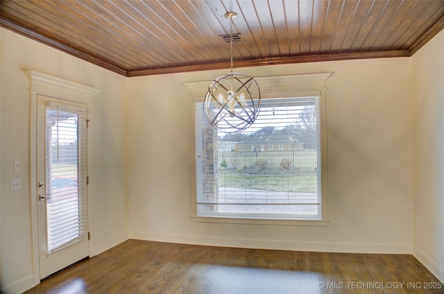 unfurnished dining area featuring wood ceiling, crown molding, a notable chandelier, and dark hardwood / wood-style floors