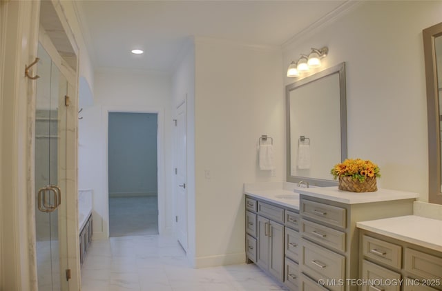 bathroom with crown molding, vanity, and a shower with shower door