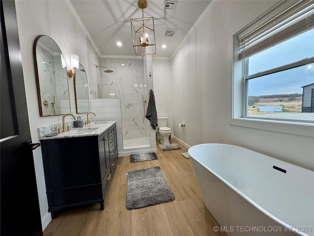 full bathroom with shower with separate bathtub, wood-type flooring, vanity, and crown molding