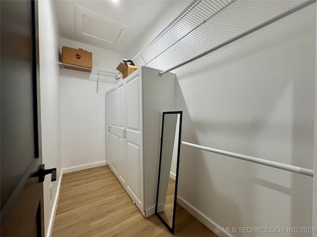 walk in closet with light hardwood / wood-style flooring