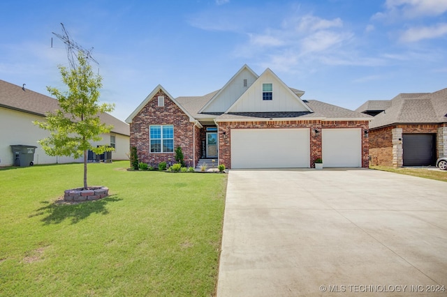 view of front of property with brick siding, board and batten siding, concrete driveway, a front yard, and a garage