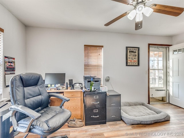 office with light wood finished floors and a ceiling fan