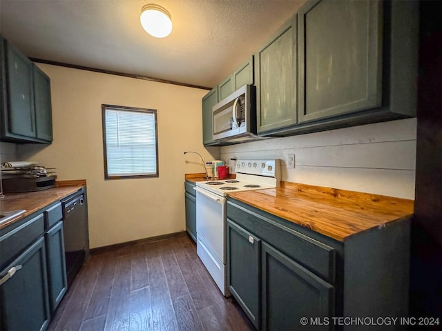 kitchen featuring dishwasher, dark wood-type flooring, wooden counters, crown molding, and white electric stove