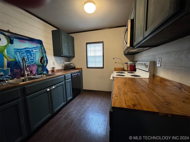 kitchen with wood counters, dishwasher, electric stove, sink, and dark hardwood / wood-style floors