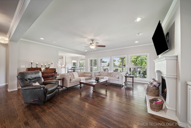 living room featuring crown molding, dark hardwood / wood-style floors, and ceiling fan