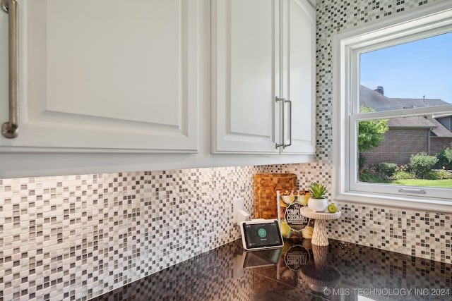 interior details featuring white cabinetry and backsplash