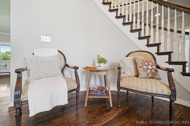 sitting room with dark wood-type flooring