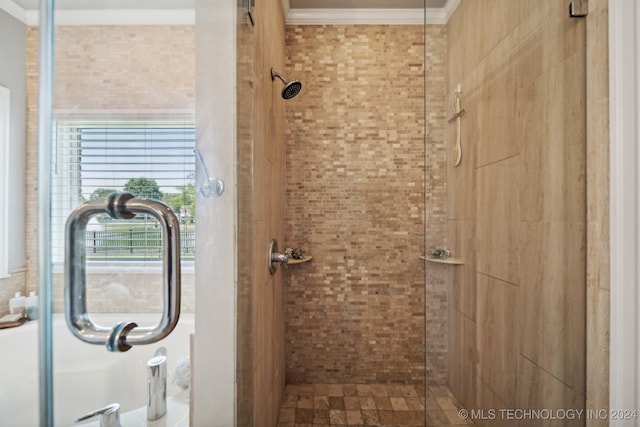 bathroom featuring an enclosed shower and crown molding