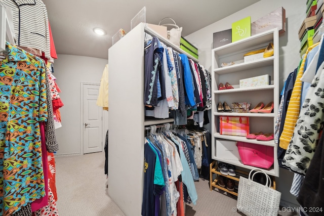 walk in closet with light colored carpet