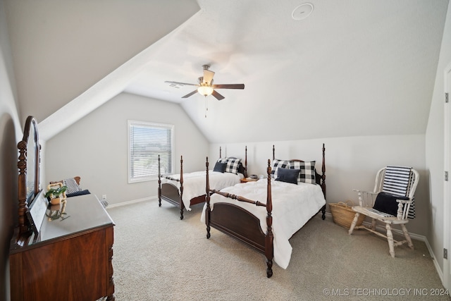 bedroom with ceiling fan, lofted ceiling, and light carpet