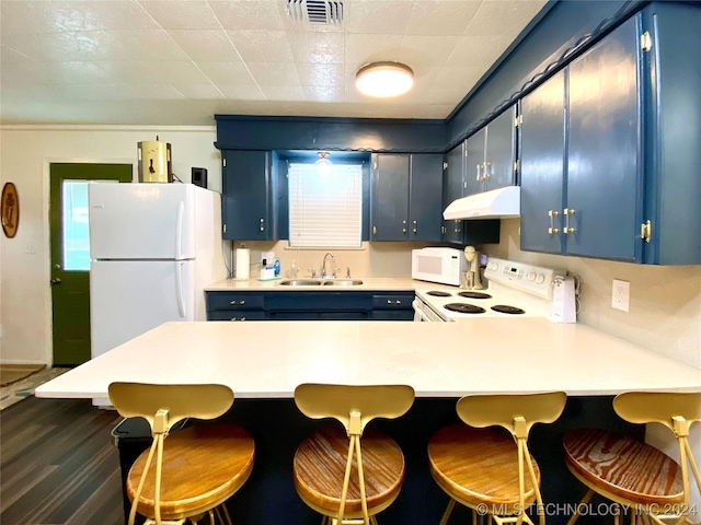 kitchen featuring white appliances, dark wood-type flooring, blue cabinets, sink, and kitchen peninsula