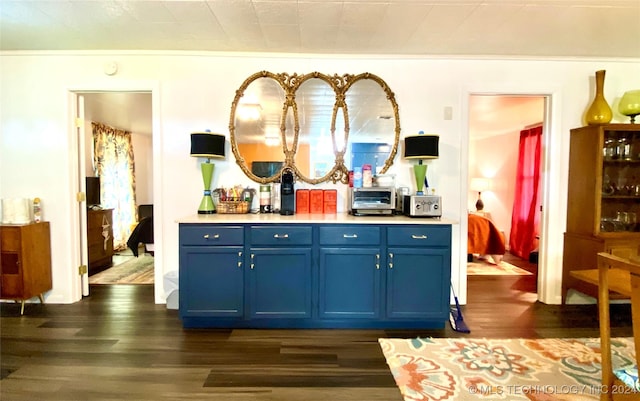 kitchen with dark hardwood / wood-style floors and blue cabinets