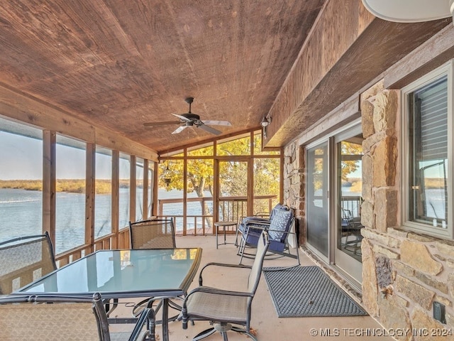 sunroom / solarium featuring wooden ceiling, a water view, ceiling fan, and lofted ceiling