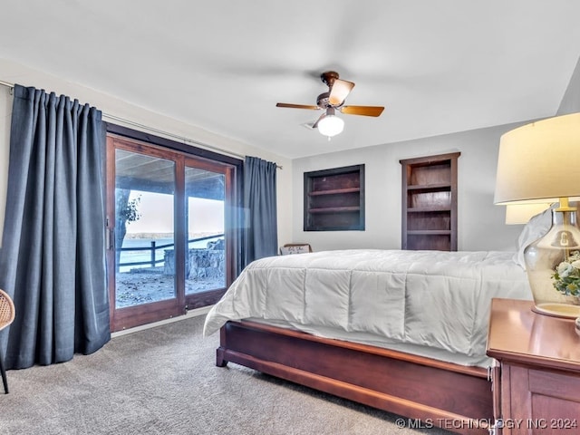 carpeted bedroom featuring access to exterior and ceiling fan