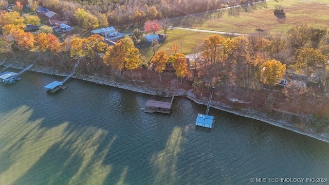 drone / aerial view featuring a water view