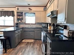 kitchen with kitchen peninsula, stainless steel appliances, dark wood-type flooring, sink, and gray cabinets