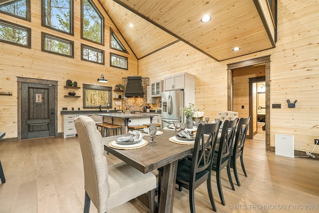 dining space with wooden walls, high vaulted ceiling, a healthy amount of sunlight, and wood ceiling