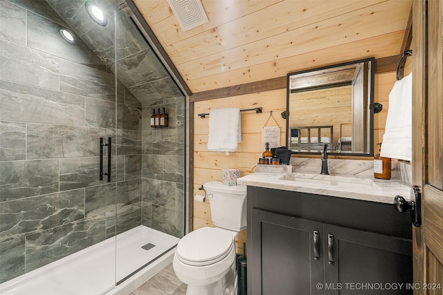 bathroom with lofted ceiling, toilet, wooden walls, a shower with door, and vanity