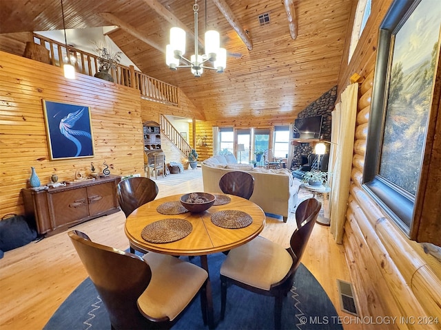 dining room featuring light hardwood / wood-style floors, wood walls, wood ceiling, and an inviting chandelier