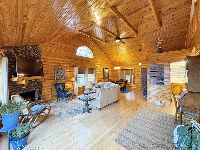 living room with high vaulted ceiling, ceiling fan, a fireplace, light hardwood / wood-style floors, and wood ceiling