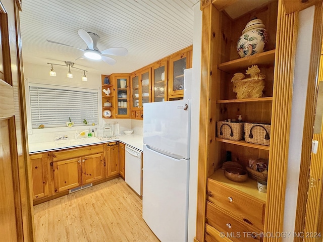 kitchen with ceiling fan, light wood-type flooring, white appliances, and wooden ceiling