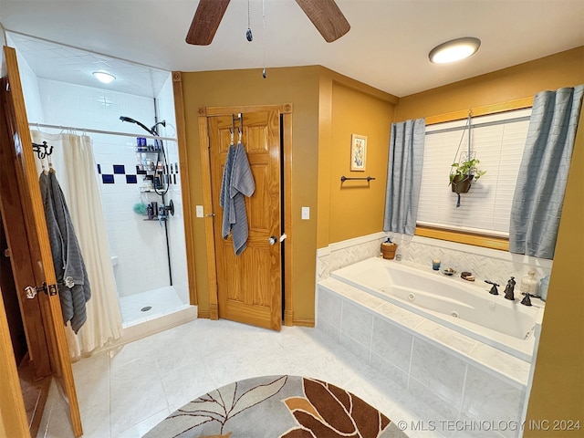 bathroom with tile patterned floors, separate shower and tub, and ceiling fan